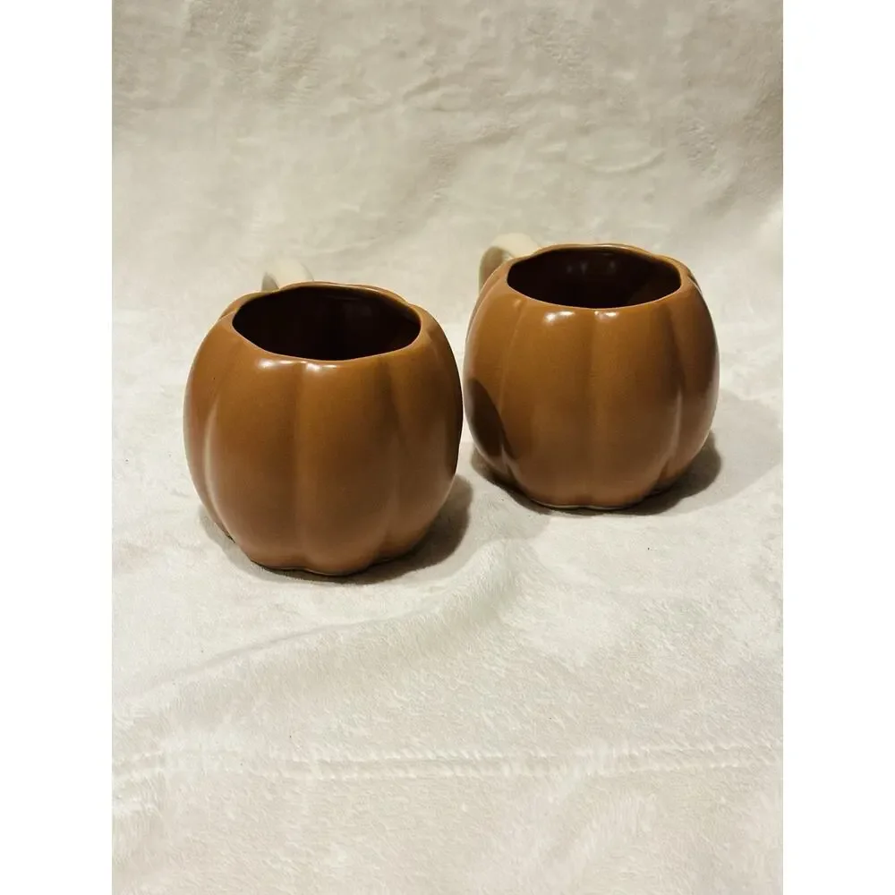 West Elm Stoneware Pumpkin Mug Set; Terracotta Cream Handles Fall Festive
